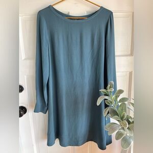 New Eileen Fisher, silk long sleeve, scoop neck blue button cuff tunic dress